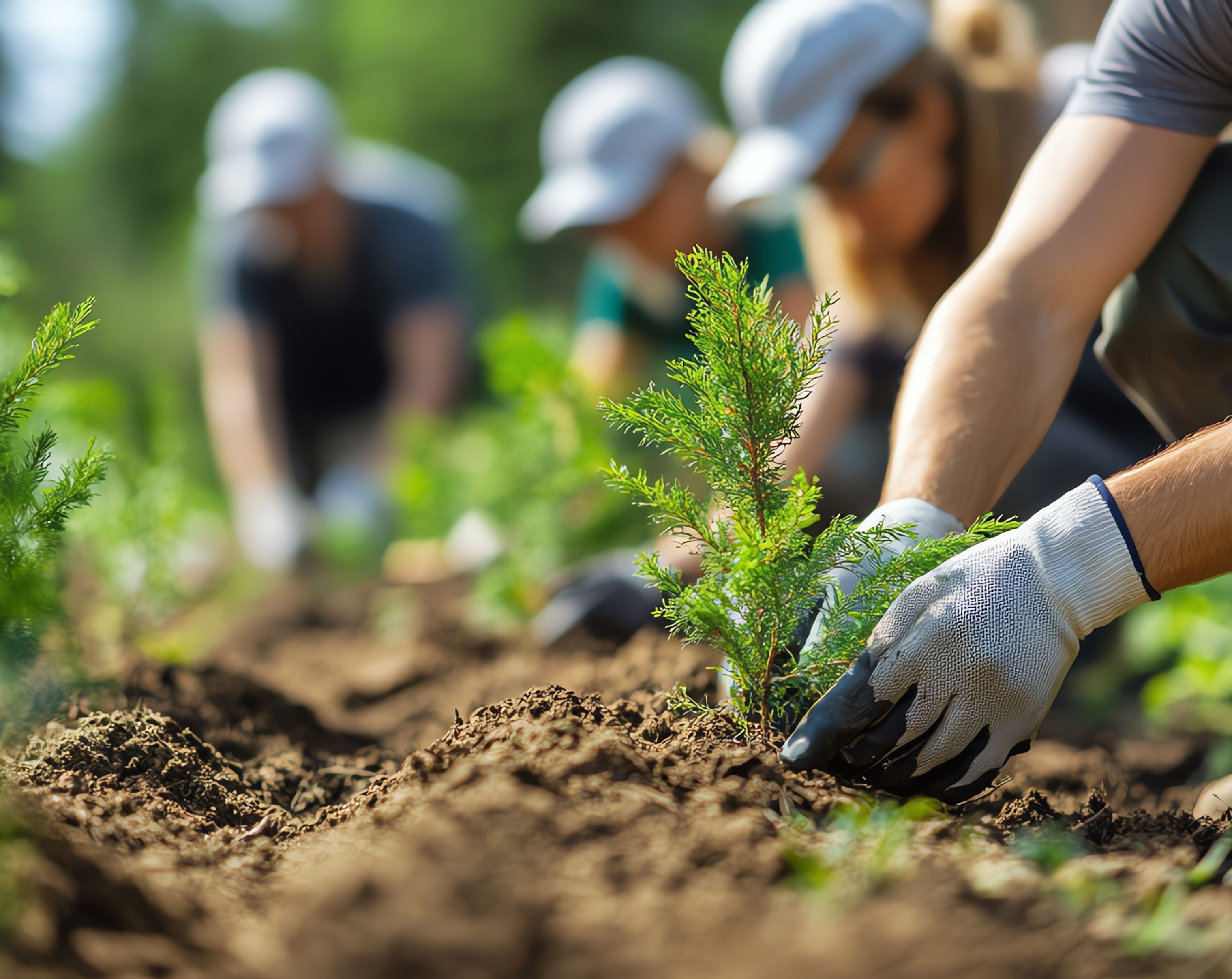 People planting trees in soil outside