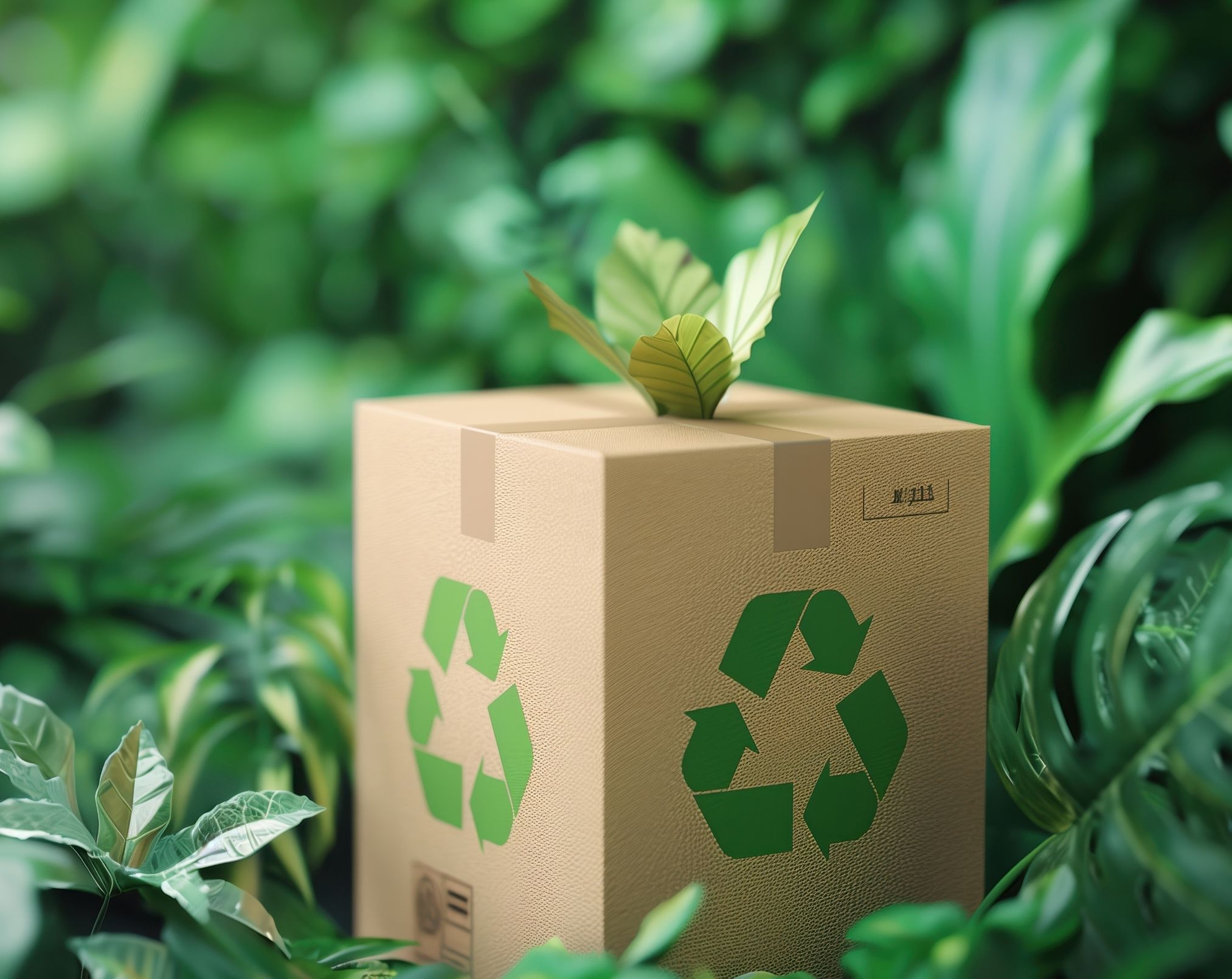 Box with sustainability symbol on it surrounded by plants