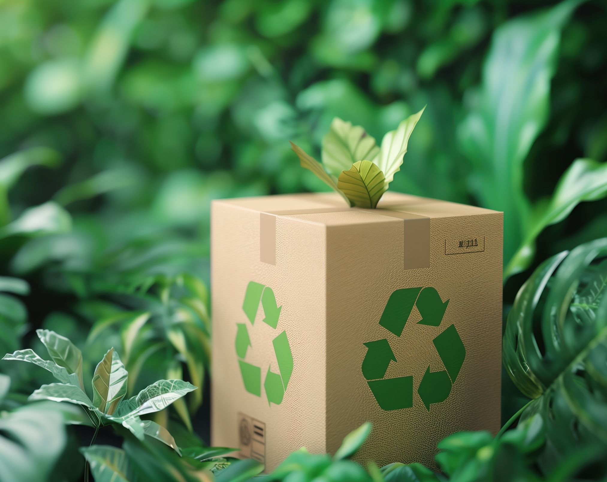 Box with sustainability symbol on it surrounded by plants