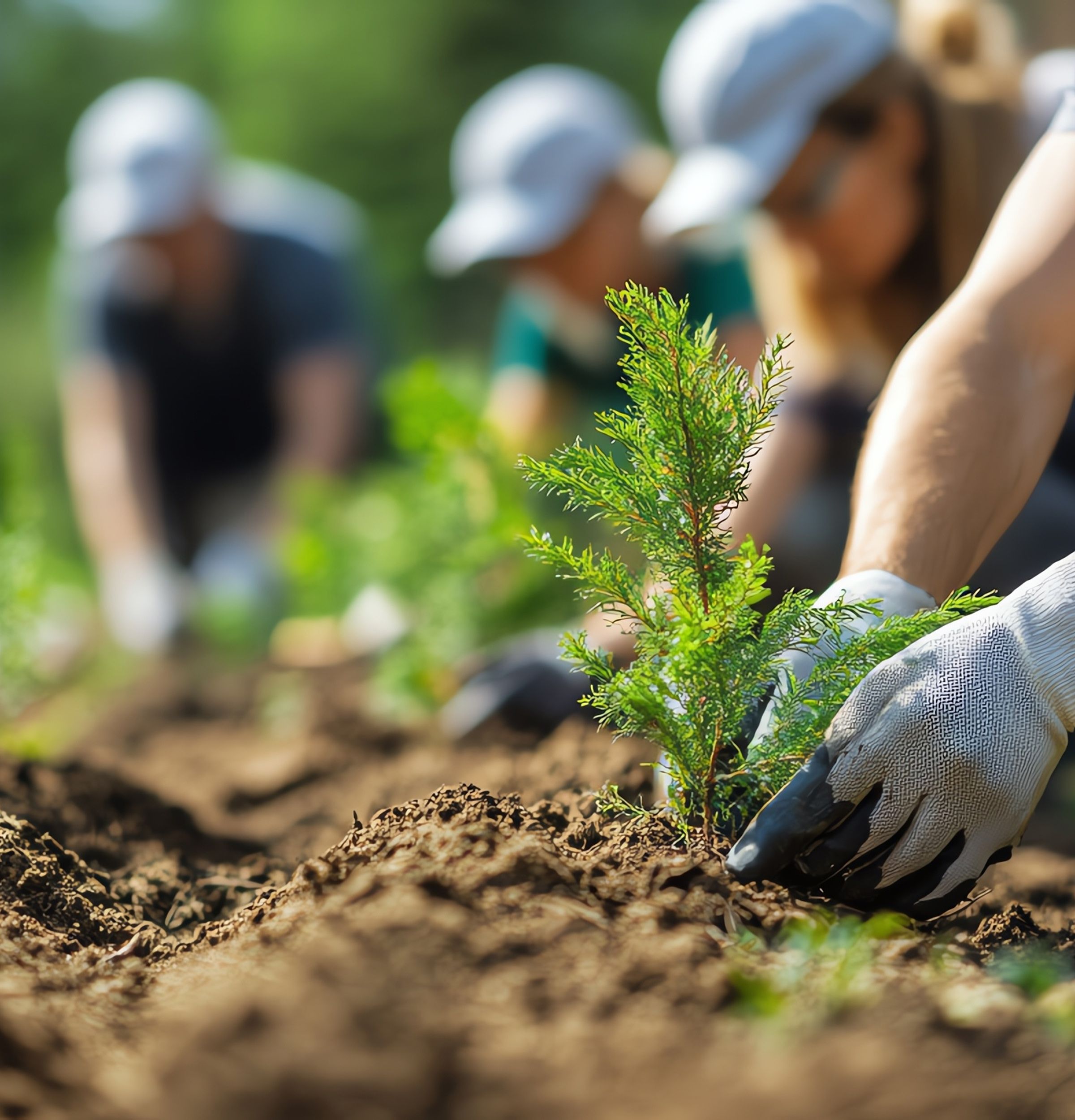 People planting trees in soil outside